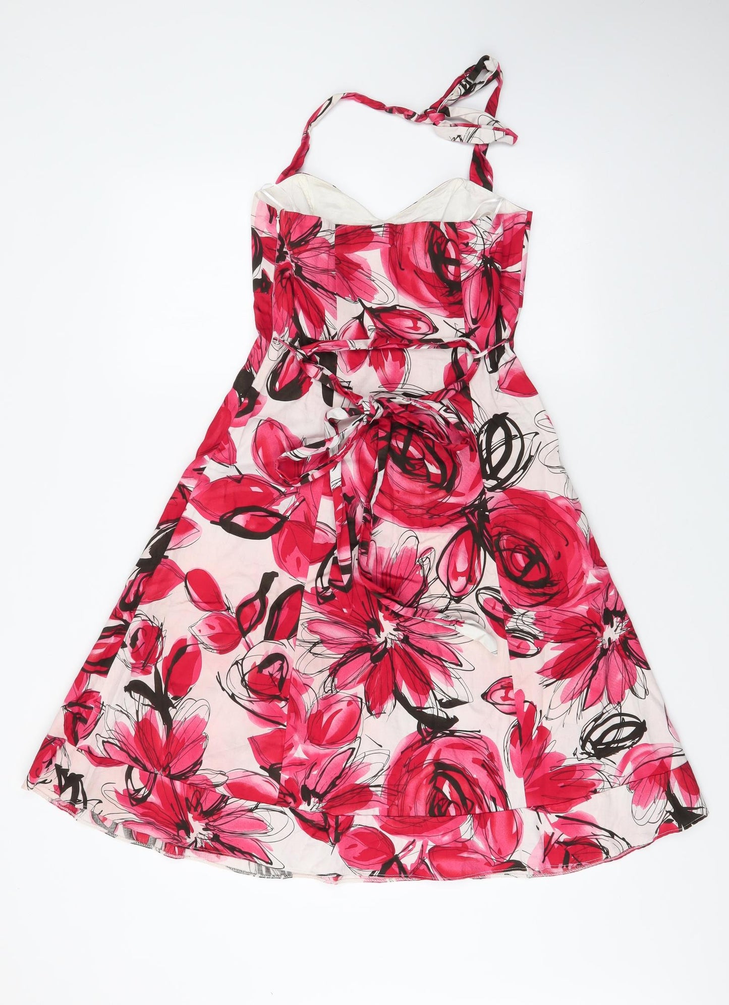John Rocha Womens Red Floral Polyester A-Line  Size 8  Halter Tie - flower