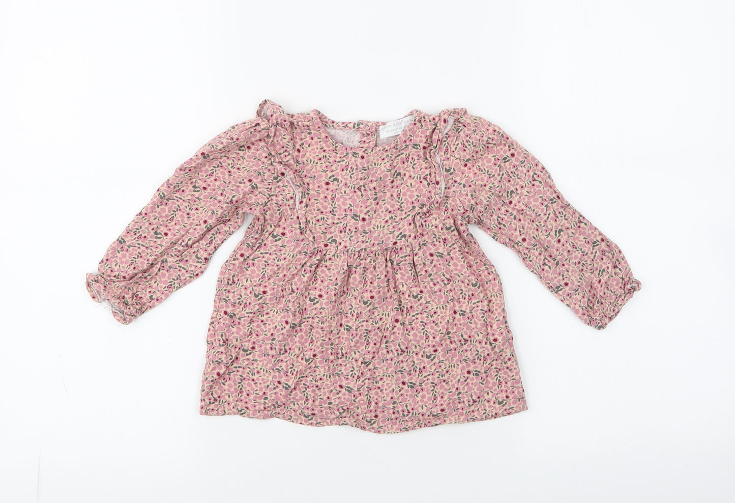 Primark  Pink Floral Viscose Pullover Blouse Size 18-24 Months High Neck Button