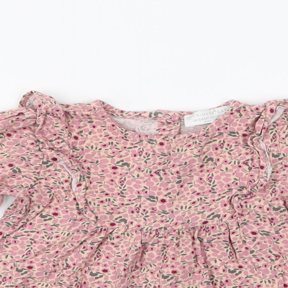 Primark  Pink Floral Viscose Pullover Blouse Size 18-24 Months High Neck Button