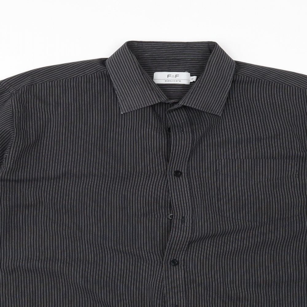 F&F Mens Black Striped Polyester  Dress Shirt Size 17 Collared Button