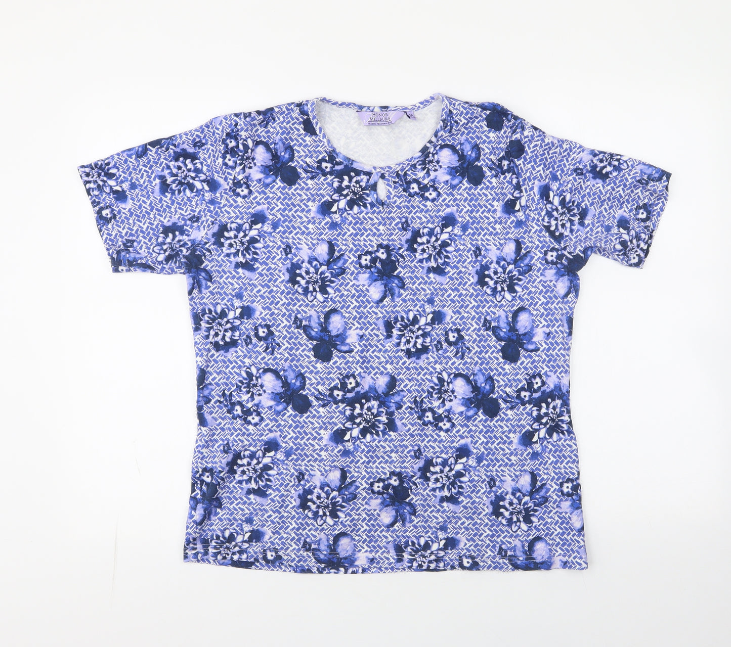 Honor Milburn Womens Purple Floral 100% Cotton Basic T-Shirt Size M Round Neck - Keyhole neck