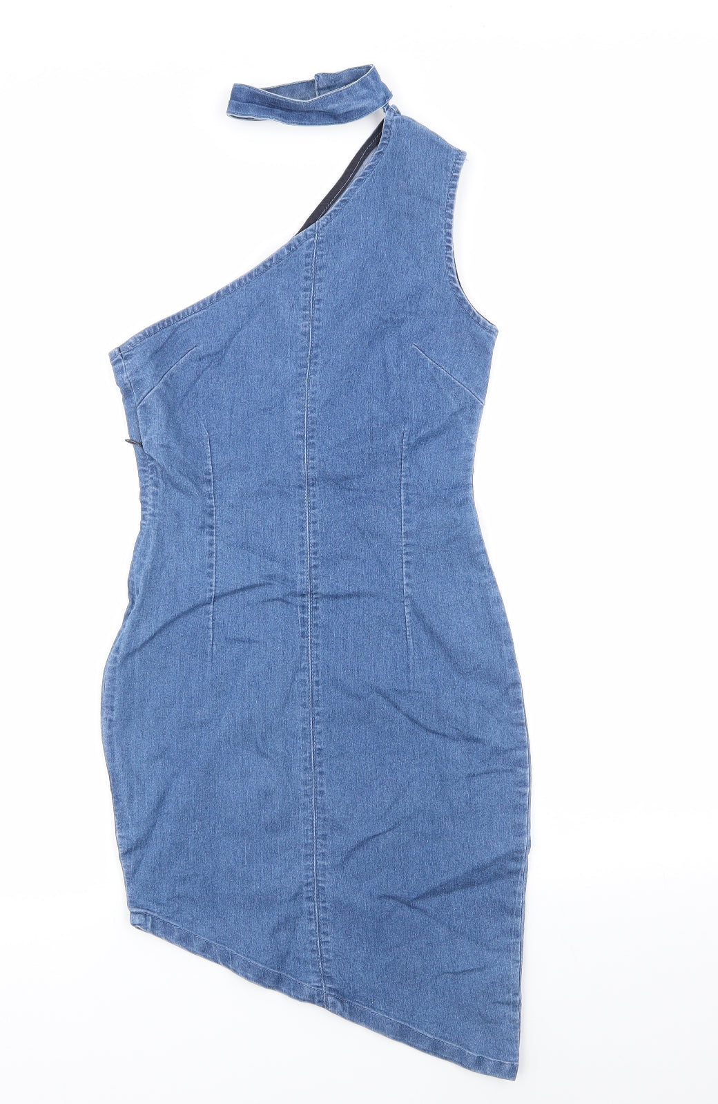 Boohoo Womens Blue  Cotton Pencil Dress  Size 6  One Shoulder Zip - choker neck