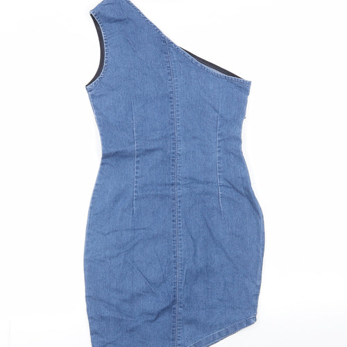 Boohoo Womens Blue  Cotton Pencil Dress  Size 6  One Shoulder Zip - choker neck