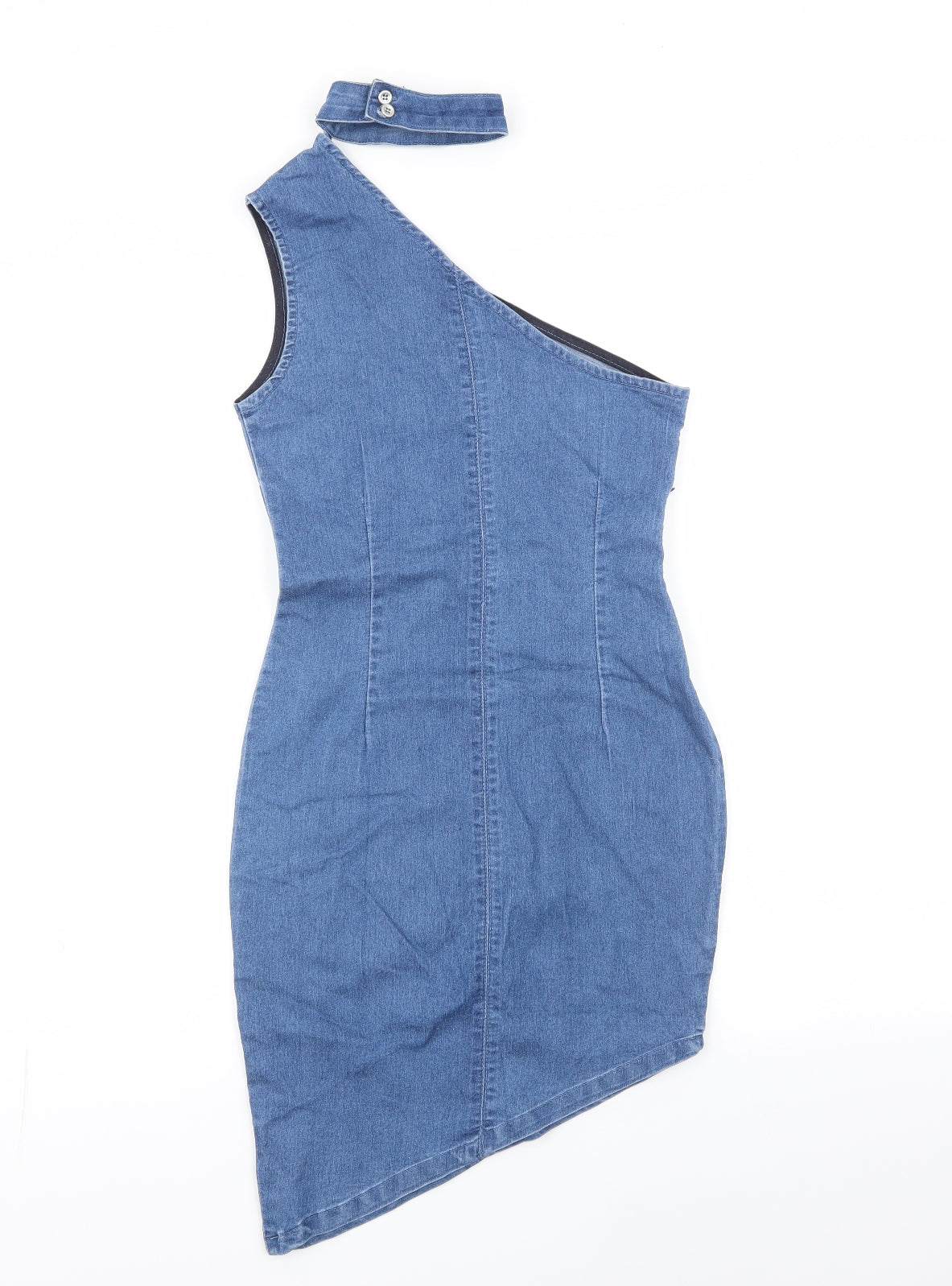 Boohoo Womens Blue  Cotton Pencil Dress  Size 6  One Shoulder Zip - choker neck