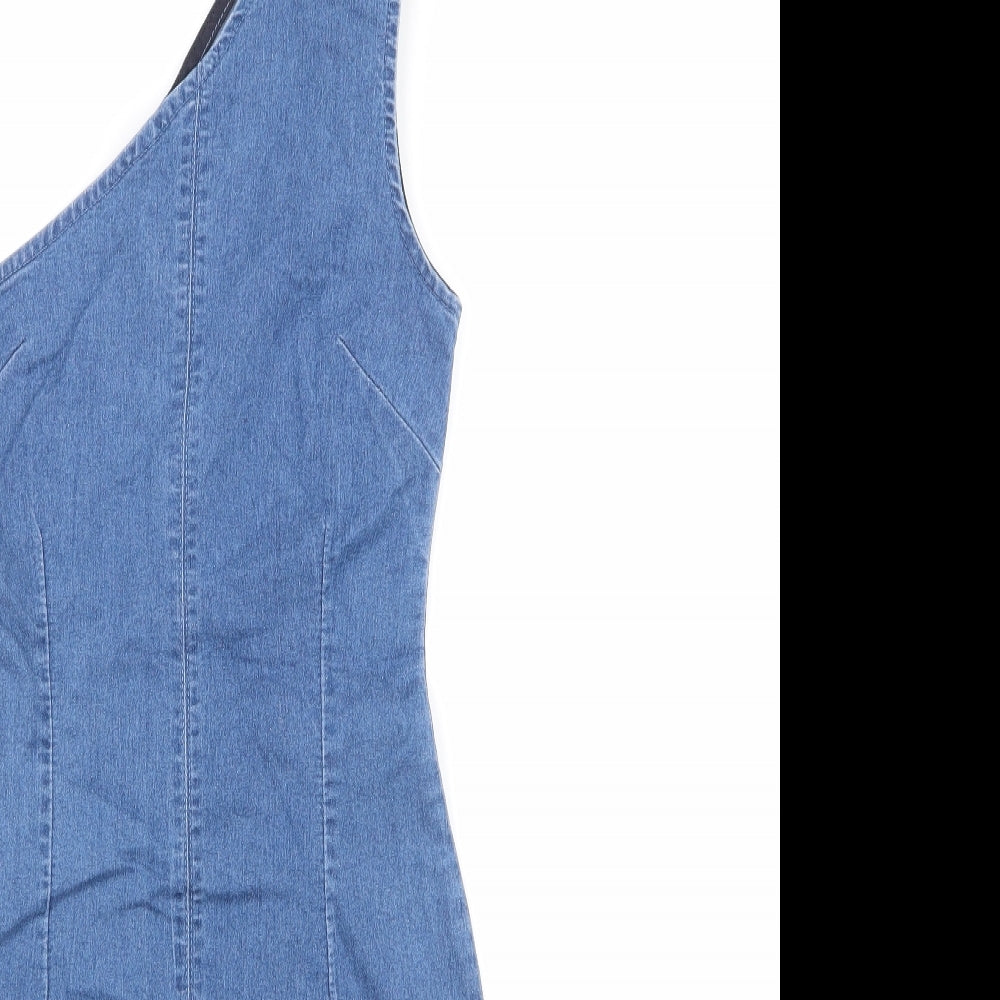 Boohoo Womens Blue  Cotton Pencil Dress  Size 6  One Shoulder Zip - choker neck