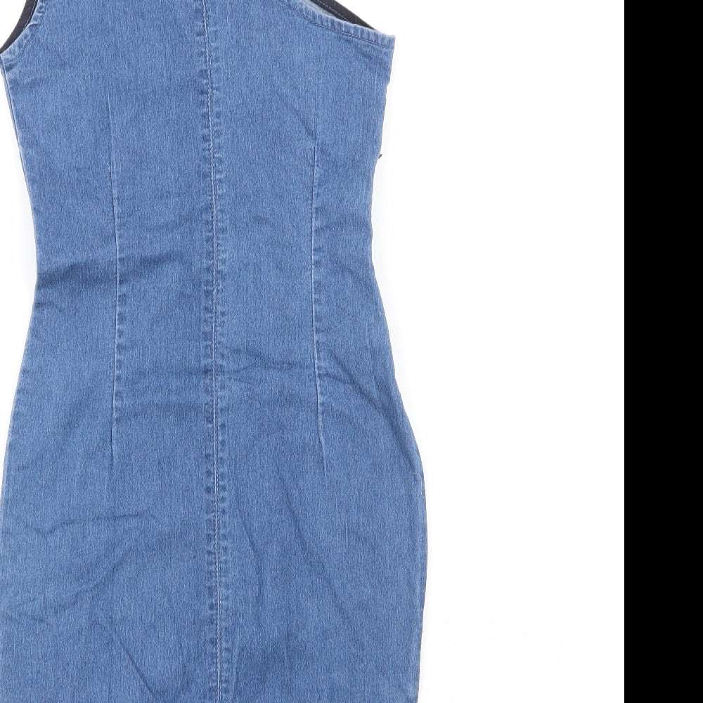 Boohoo Womens Blue  Cotton Pencil Dress  Size 6  One Shoulder Zip - choker neck