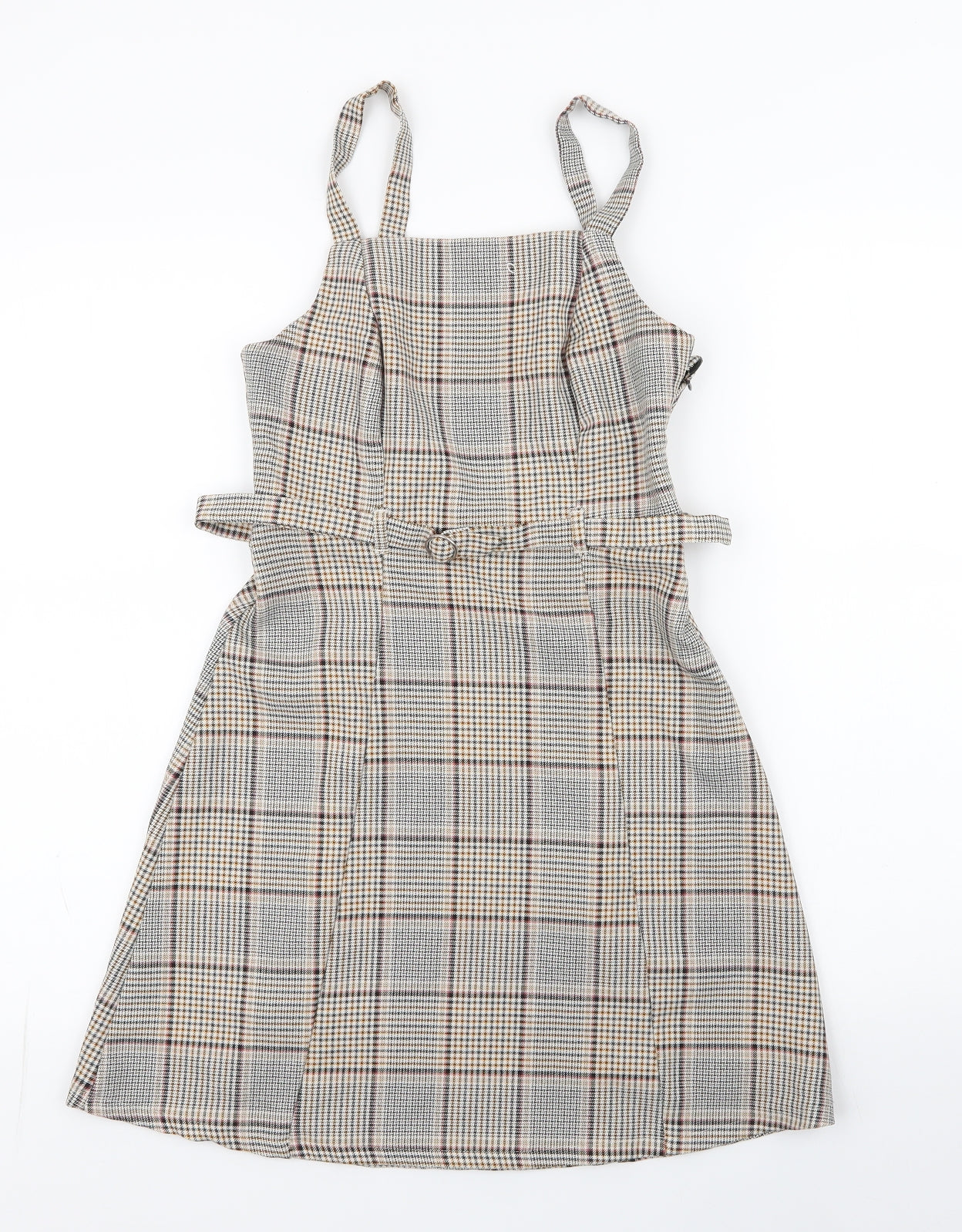 Primark Womens Brown Plaid Polyester A-Line  Size 4  Square Neck Zip - belted dress