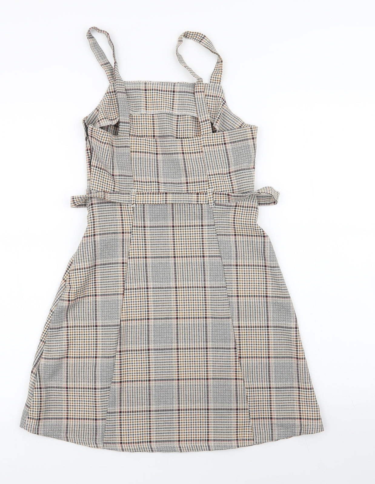 Primark Womens Brown Plaid Polyester A-Line  Size 4  Square Neck Zip - belted dress