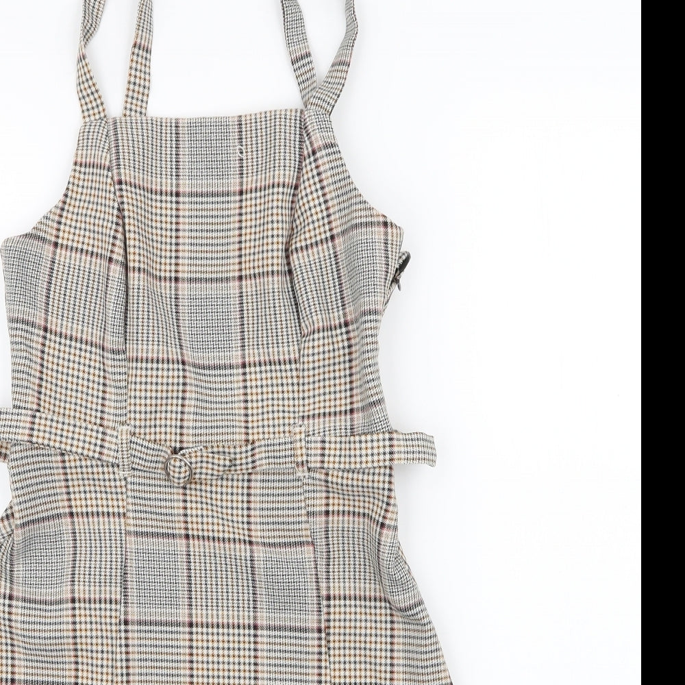 Primark Womens Brown Plaid Polyester A-Line  Size 4  Square Neck Zip - belted dress