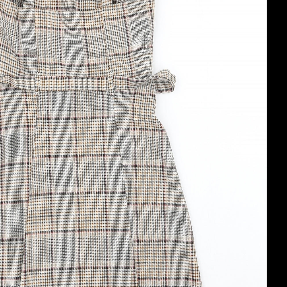 Primark Womens Brown Plaid Polyester A-Line  Size 4  Square Neck Zip - belted dress