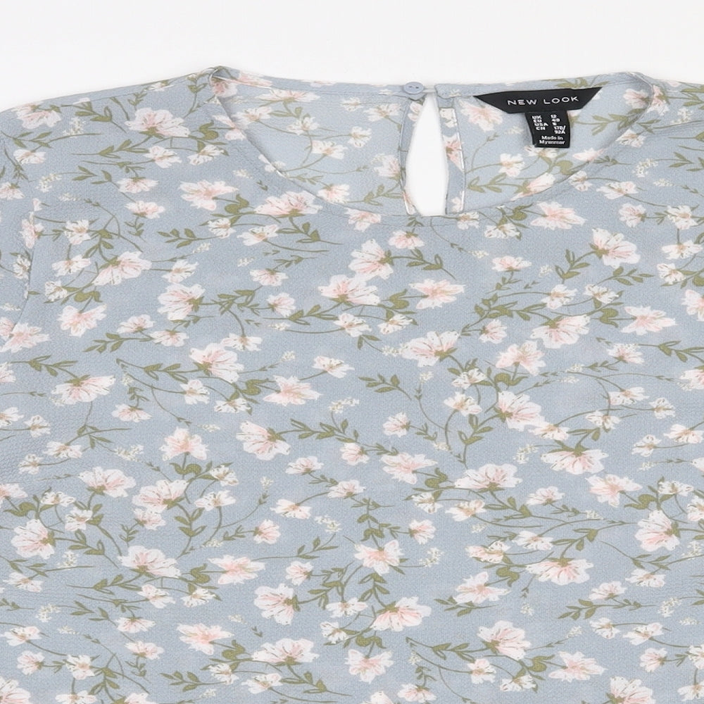 New Look Womens Blue Floral Polyester Basic Blouse Size 12 Round Neck