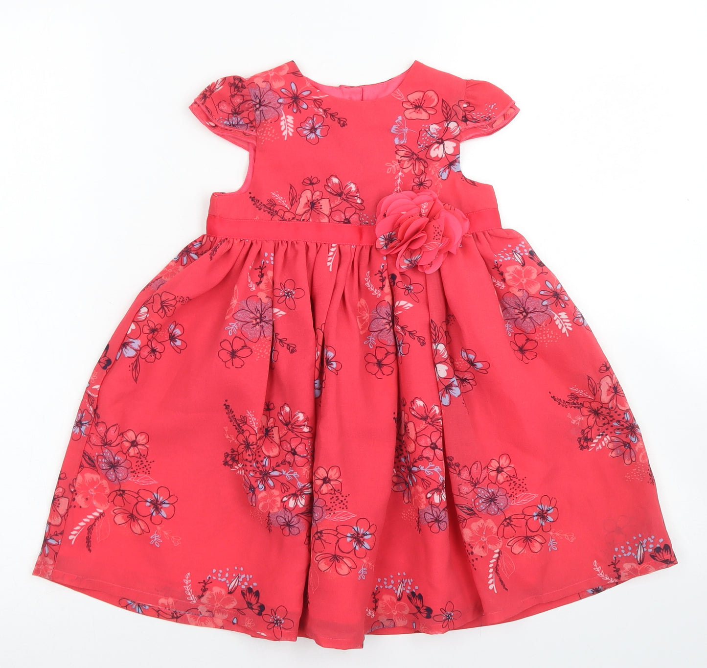 George Girls Pink Floral Polyester Fit & Flare  Size 18-24 Months  Crew Neck Button - Occasionwear