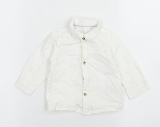 Front view of Marks & Spencer boys’ white striped cotton basic button-up, size 3-6, months collared button