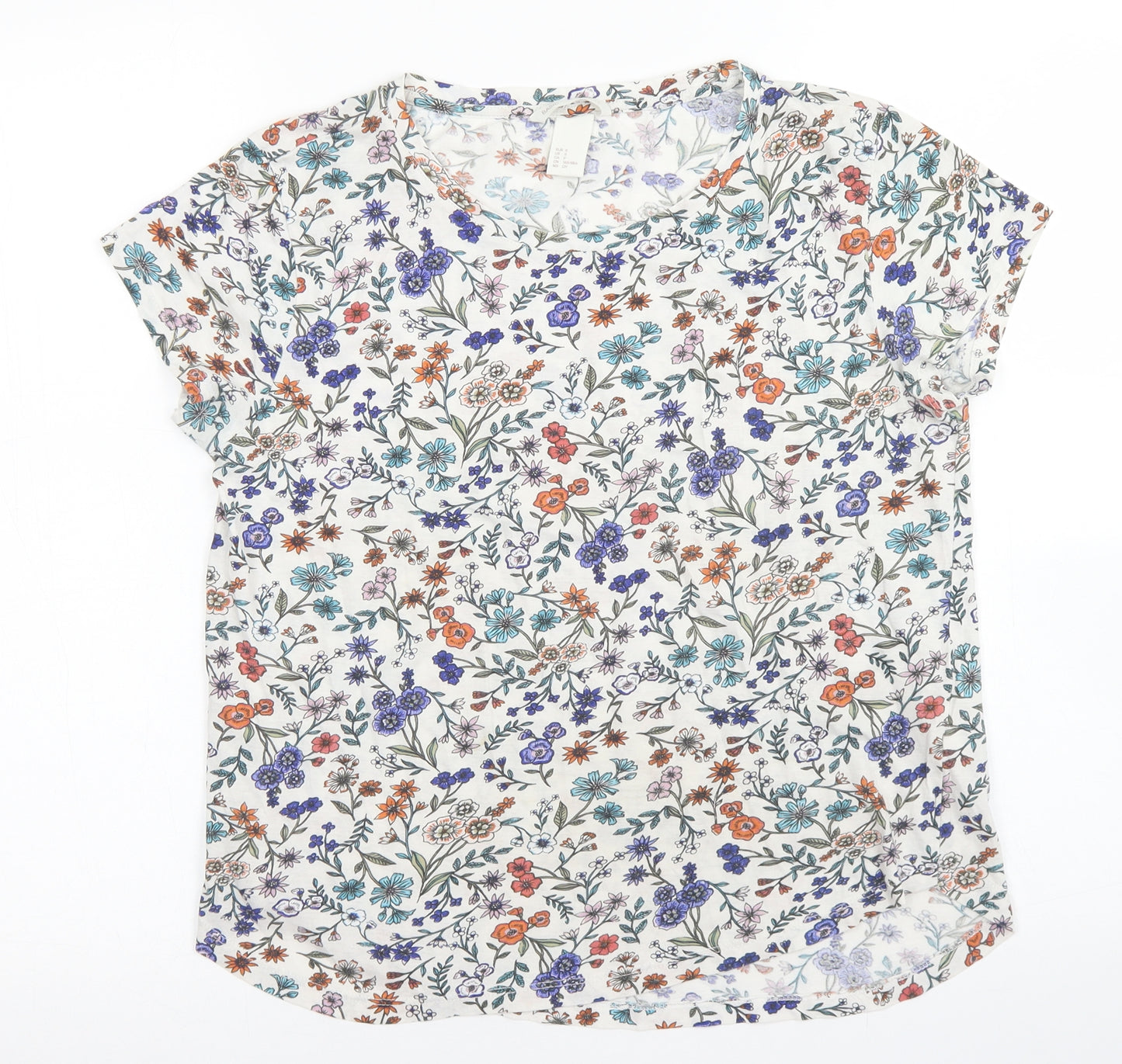 H&M Womens White Floral Cotton Basic T-Shirt Size S Crew Neck