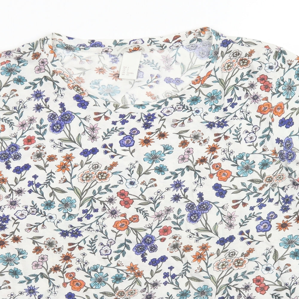 H&M Womens White Floral Cotton Basic T-Shirt Size S Crew Neck