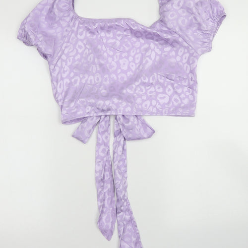 SheIn Womens Purple Animal Print Polyester Cropped Blouse Size S Scoop Neck - Puff Sleeve
