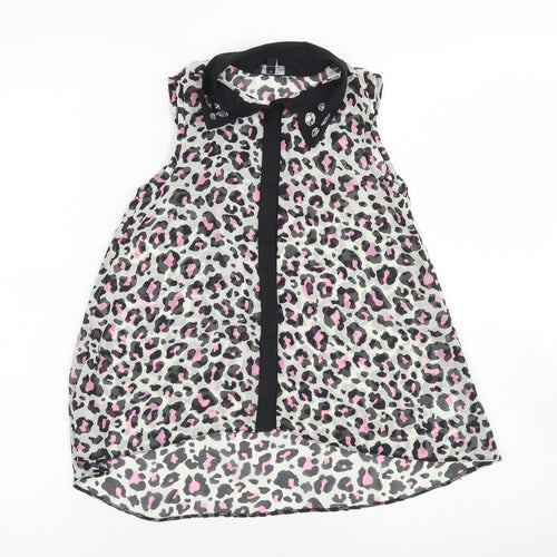 Candy Couture Girls Green Animal Print Polyester Basic Blouse Size 8-9 Years Collared Button
