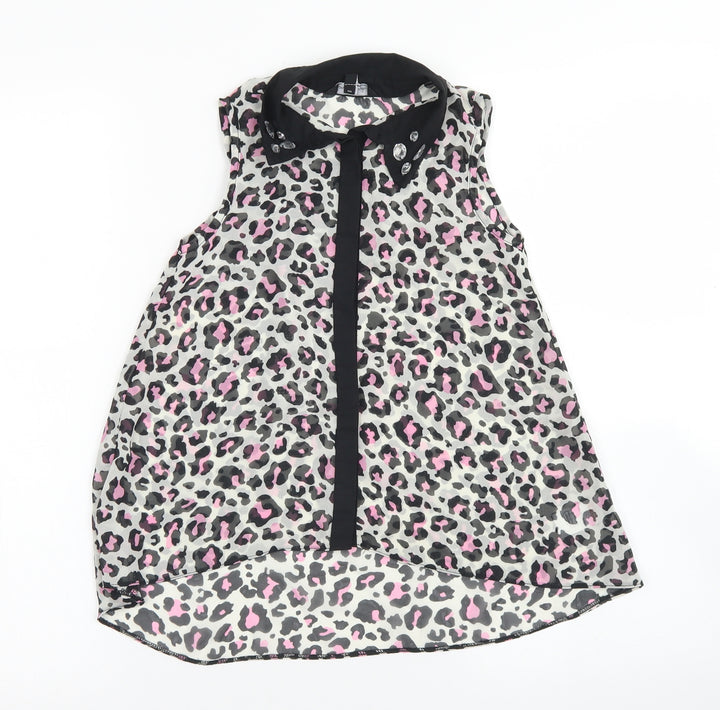 Candy Couture Girls Green Animal Print Polyester Basic Blouse Size 8-9 Years Collared Button