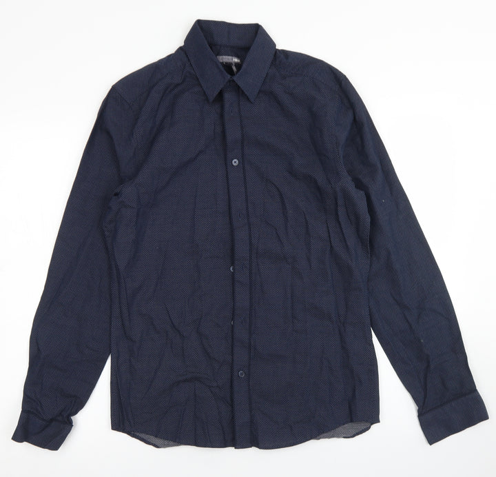 H&M Mens Blue Polka Dot Cotton  Button-Up Size S Collared Button