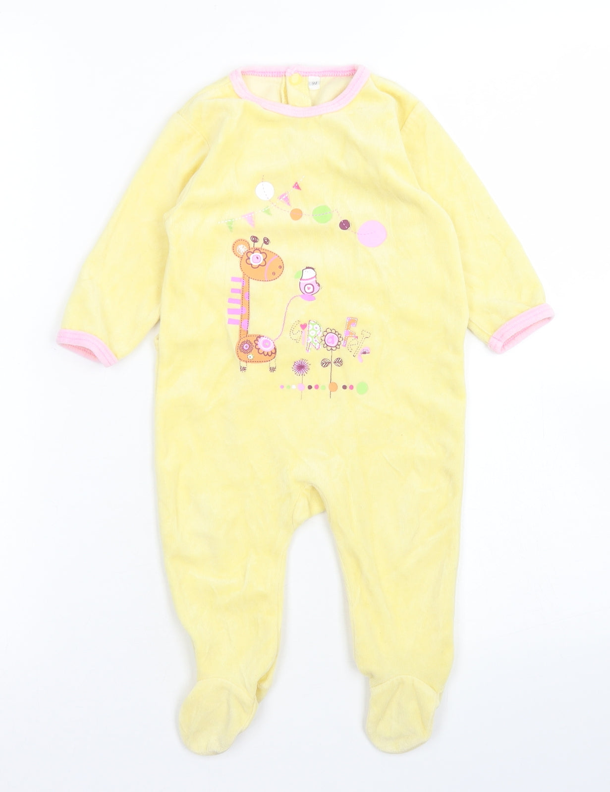 Preworn Girls Yellow  Cotton Babygrow One-Piece Size 9-12 Months  Snap - Giraffe