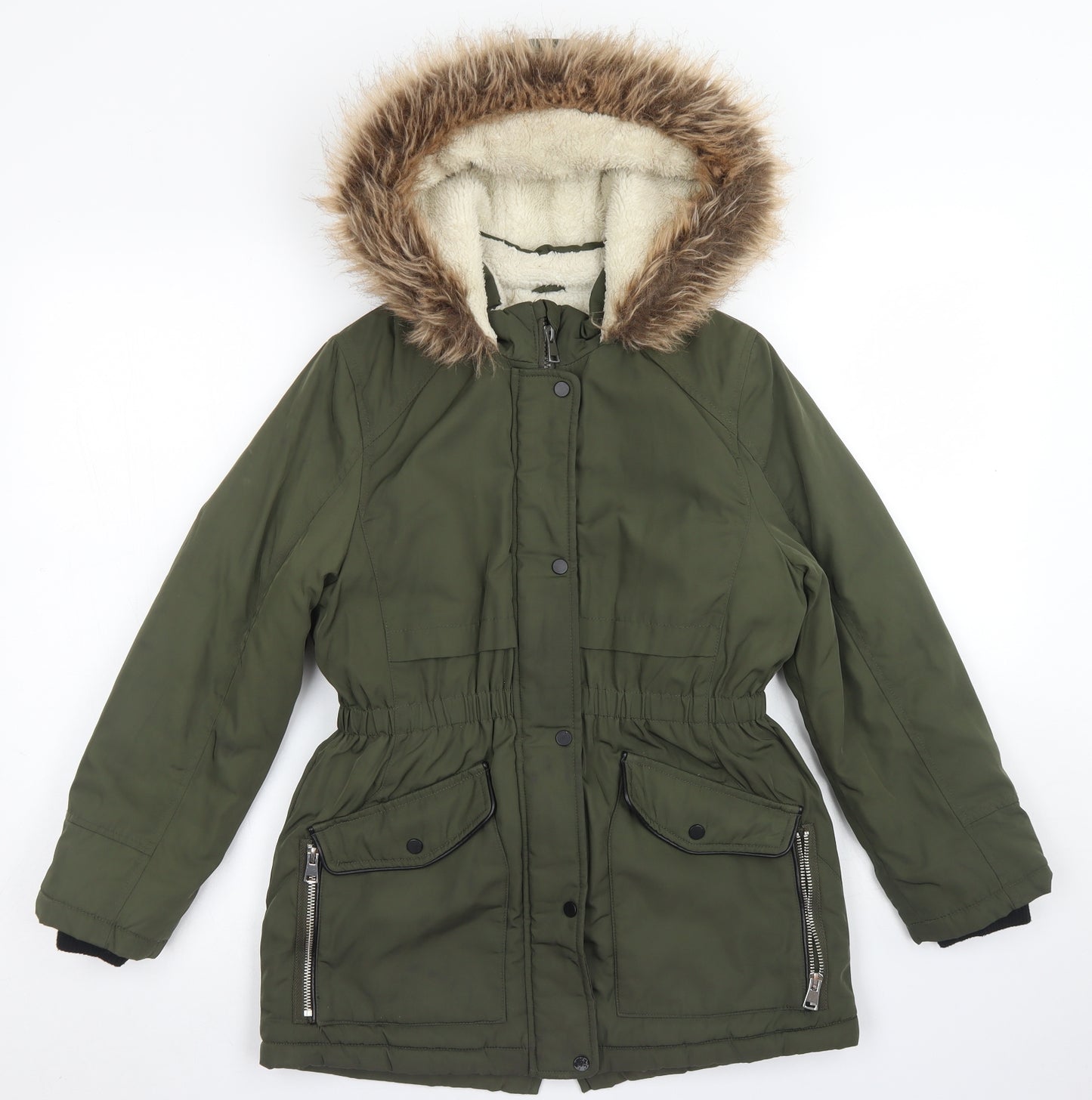 George Girls Green   Parka Coat Size 9-10 Years  Zip - Fleece Lined