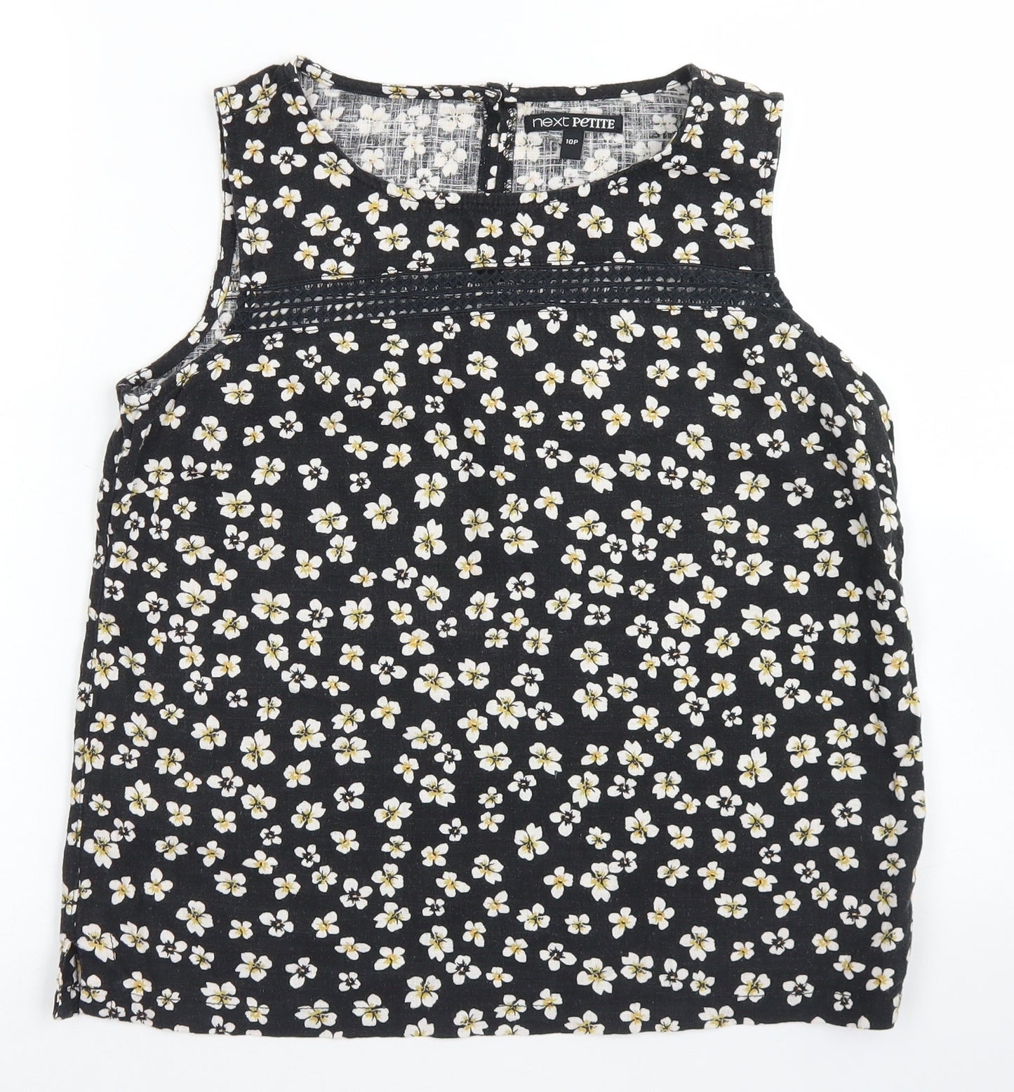 Next  Womens Black Floral Linen Basic Blouse Size 10 Round Neck
