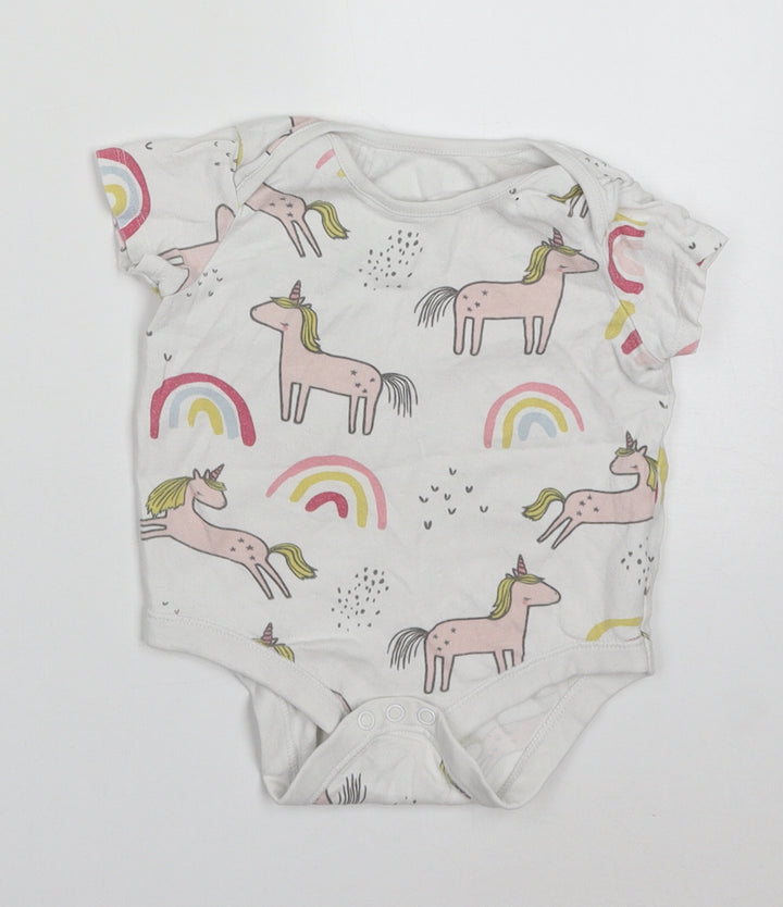 F&F Girls Multicoloured Cotton Babygrow One-Piece Size 9-12 Months Button - Unicorns & Rainbows