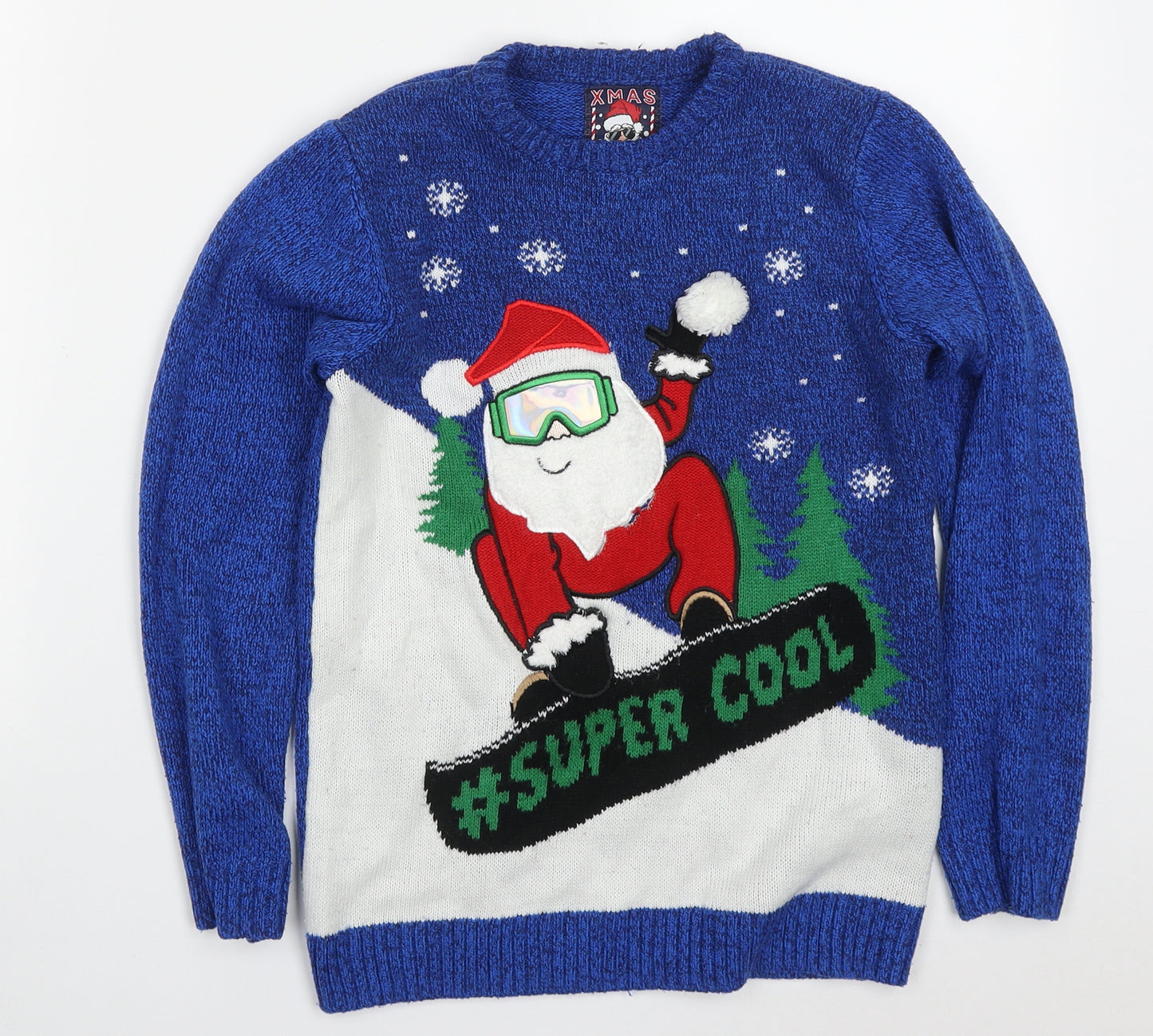 F&F Boys Blue Round Neck  Acrylic Pullover Jumper Size 9-10 Years  Pullover - Snowboarding Santa