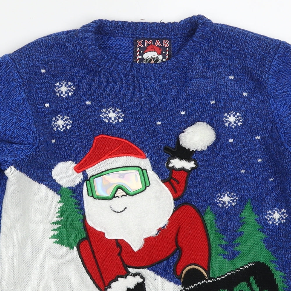 F&F Boys Blue Round Neck  Acrylic Pullover Jumper Size 9-10 Years  Pullover - Snowboarding Santa