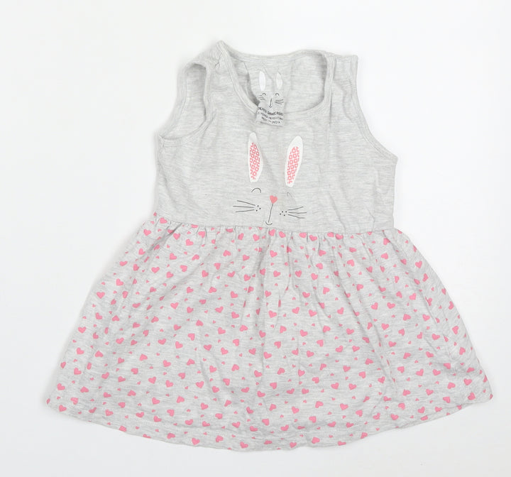 Young Dimension Girls Grey Geometric Cotton Skater Dress Size 2-3 Years Round Neck Pullover - Rabbit Hearts