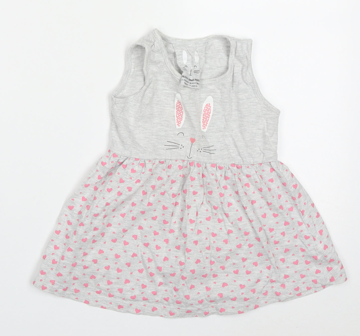 Young Dimension Girls Grey Geometric Cotton Skater Dress  Size 2-3 Years  Round Neck Pullover - Rabbit Hearts