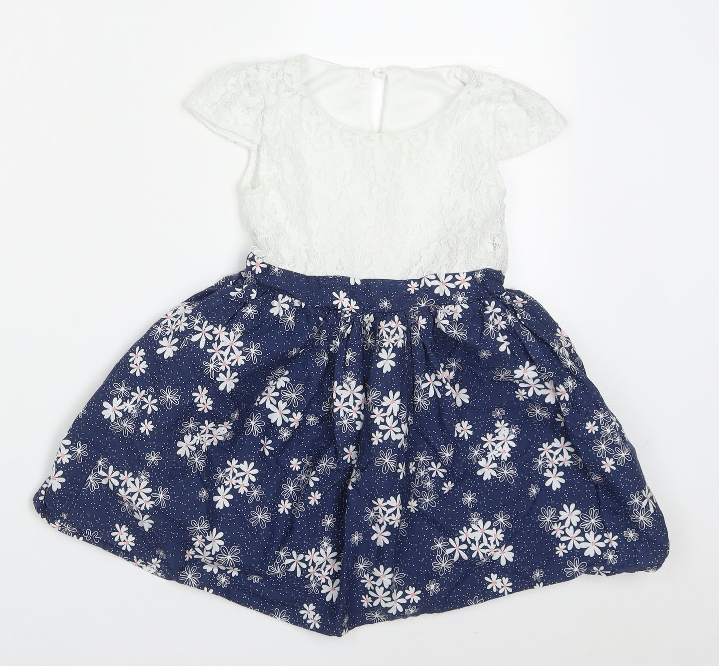 Dunnes Girls Blue Floral Nylon Skater Dress  Size 3-4 Years  Round Neck Button