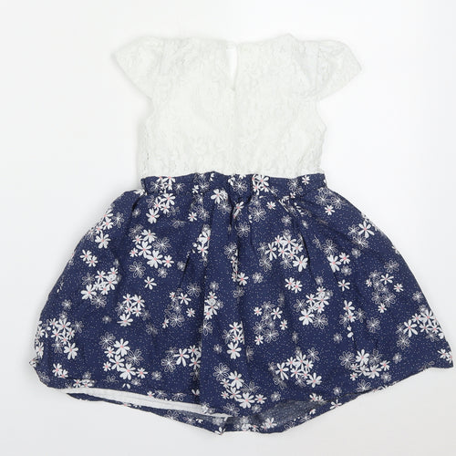 Dunnes Girls Blue Floral Nylon Skater Dress  Size 3-4 Years  Round Neck Button