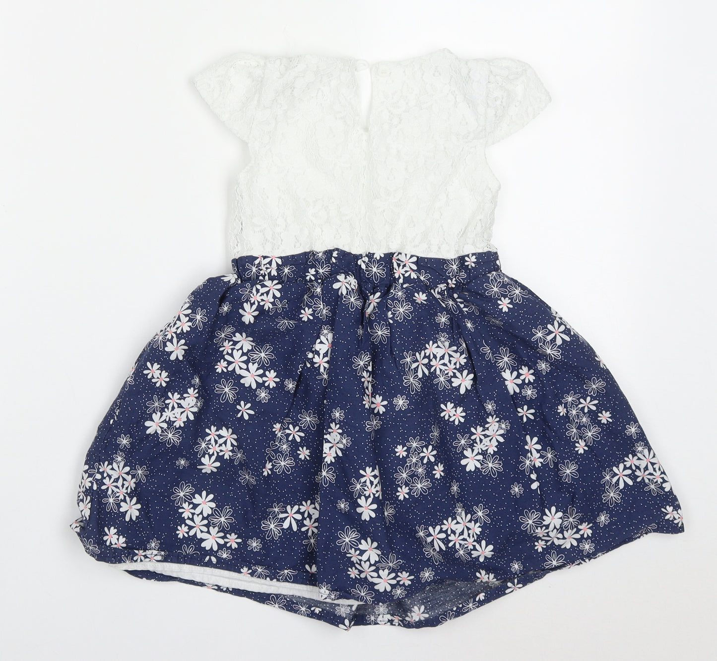 Dunnes Girls Blue Floral Nylon Skater Dress  Size 3-4 Years  Round Neck Button
