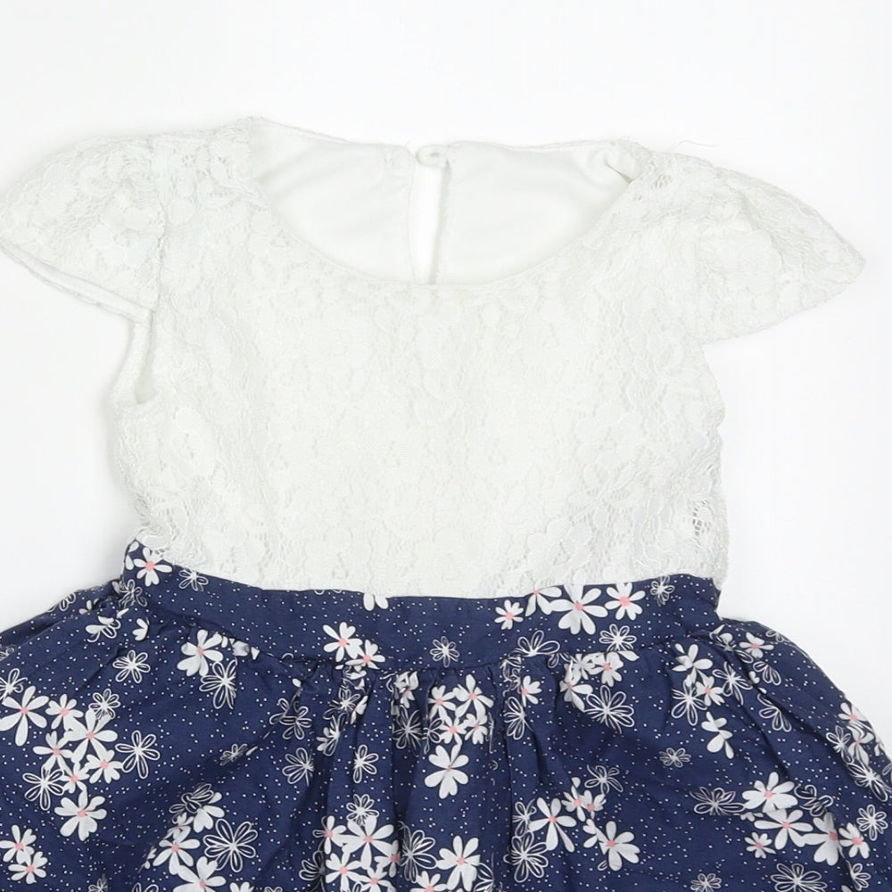 Dunnes Girls Blue Floral Nylon Skater Dress  Size 3-4 Years  Round Neck Button