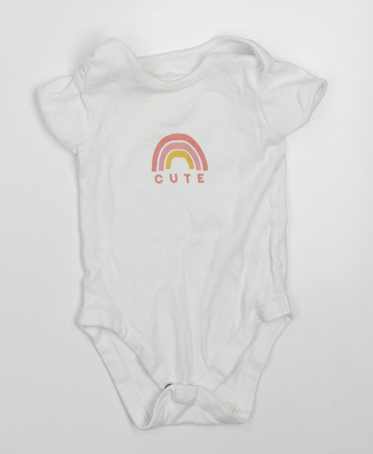 Front view of George girls’ white cotton babygrow one-piece, size 18-24, months button - cute rainbow