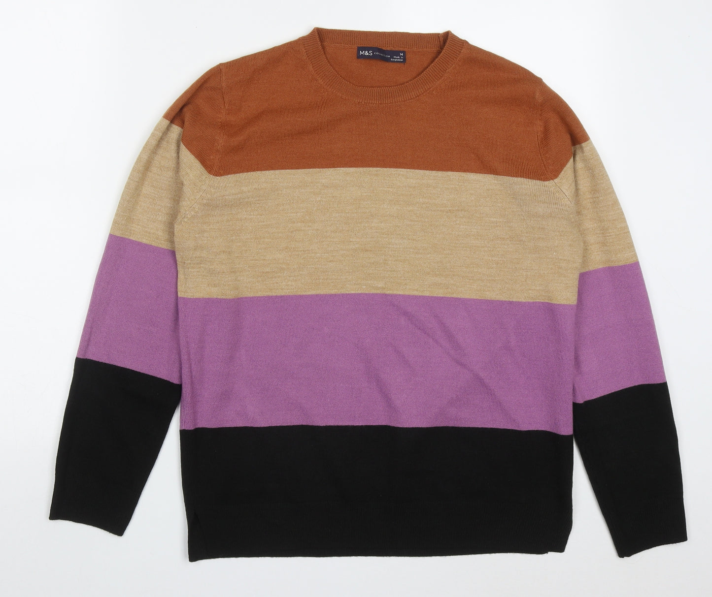 Marks and Spencer Womens Multicoloured Round Neck Striped Acrylic Pullover Jumper Size 14