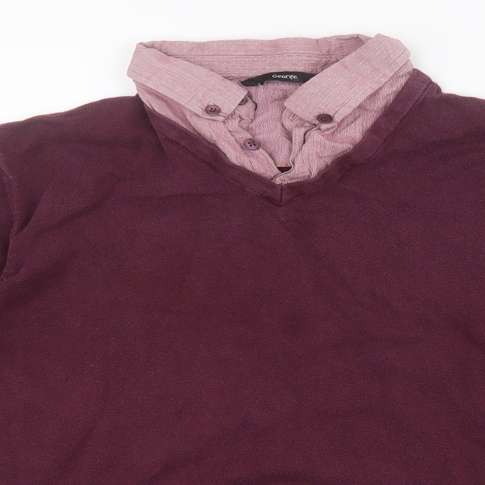 George Mens Purple Round Neck  Cotton Pullover Jumper Size M   - Shirt Collar