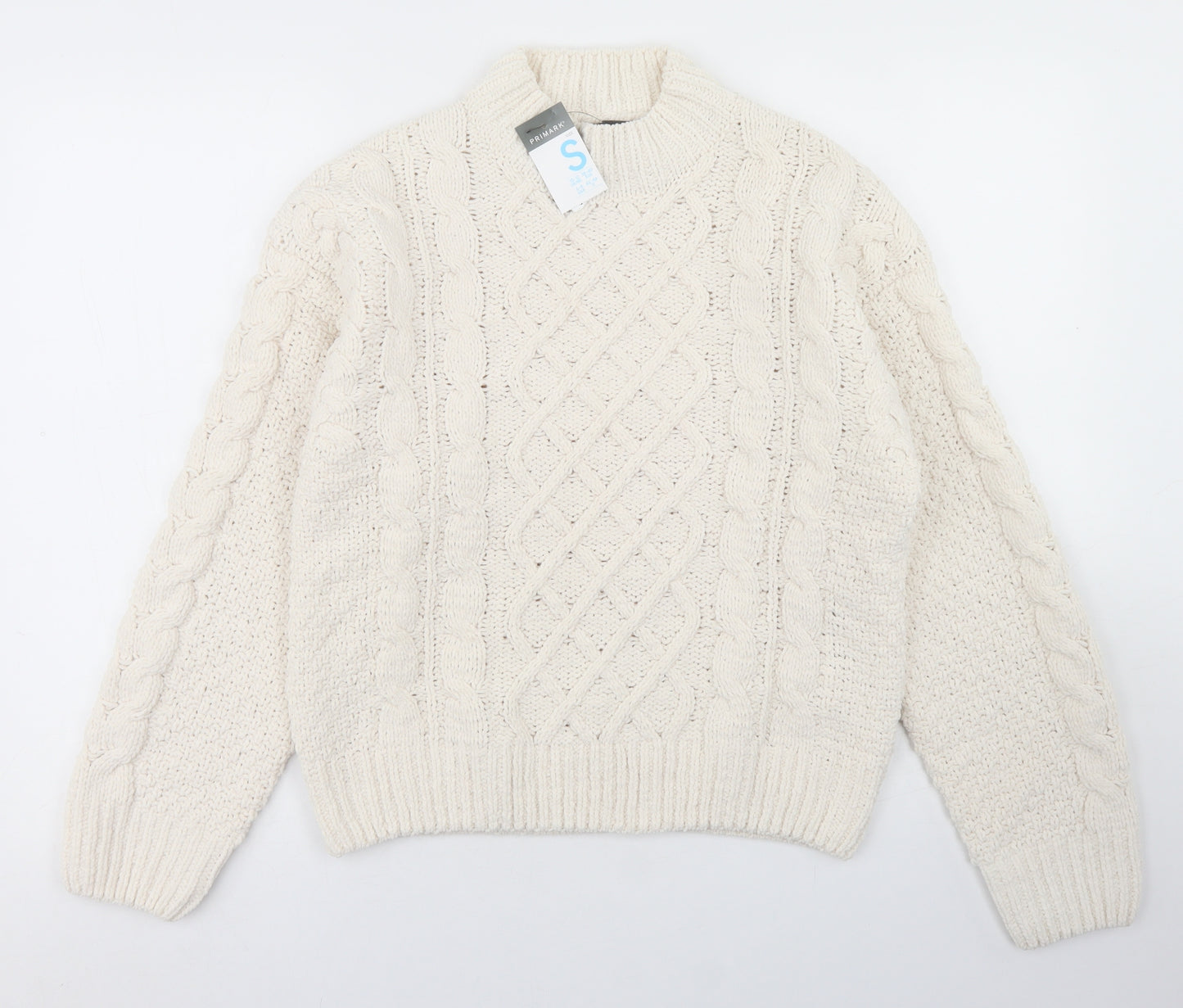 Primark Womens White Crew Neck  Polyester Pullover Jumper Size S