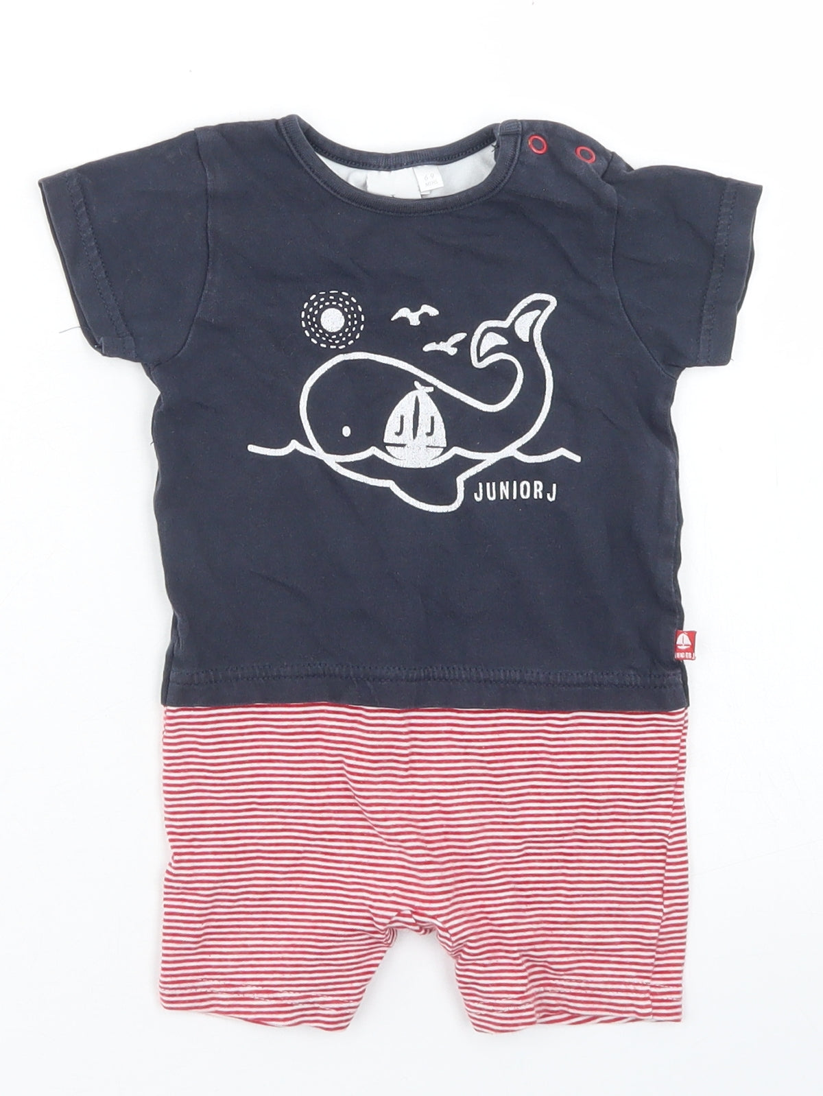 Junior J Boys Blue Striped Cotton Romper One-Piece Size 6-9 Months  Snap - Whales