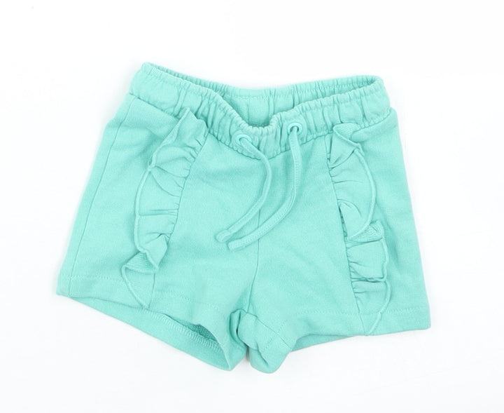 M&S Girls Blue Cotton Cropped Trousers Size 3-6 Months Drawstring - Shorts
