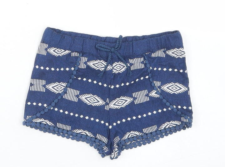 TJX Girls Blue Fair Isle Cotton Cropped Trousers Size 18-24 Months  Drawstring - Shorts