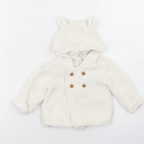 M&S Girls White  Cotton Cardigan Jumper Size 0-3 Months  Button - Bear hood
