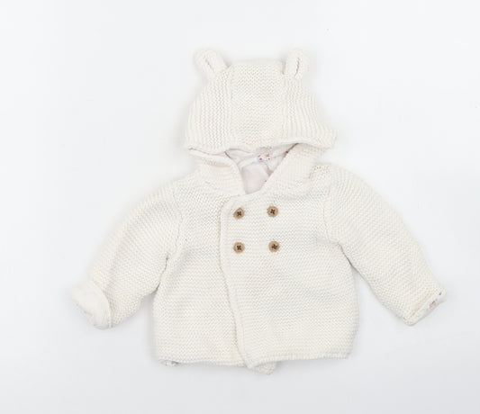 Front view of Marks & Spencer girls’ white cotton cardigan jumper, size 0-3, months button - bear hood