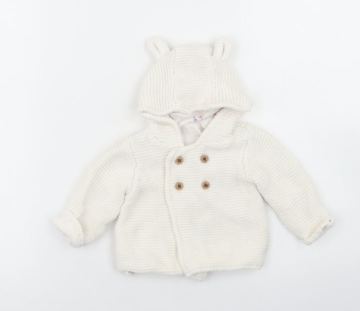 M&S Girls White  Cotton Cardigan Jumper Size 0-3 Months  Button - Bear hood