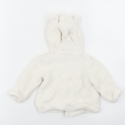 M&S Girls White  Cotton Cardigan Jumper Size 0-3 Months  Button - Bear hood