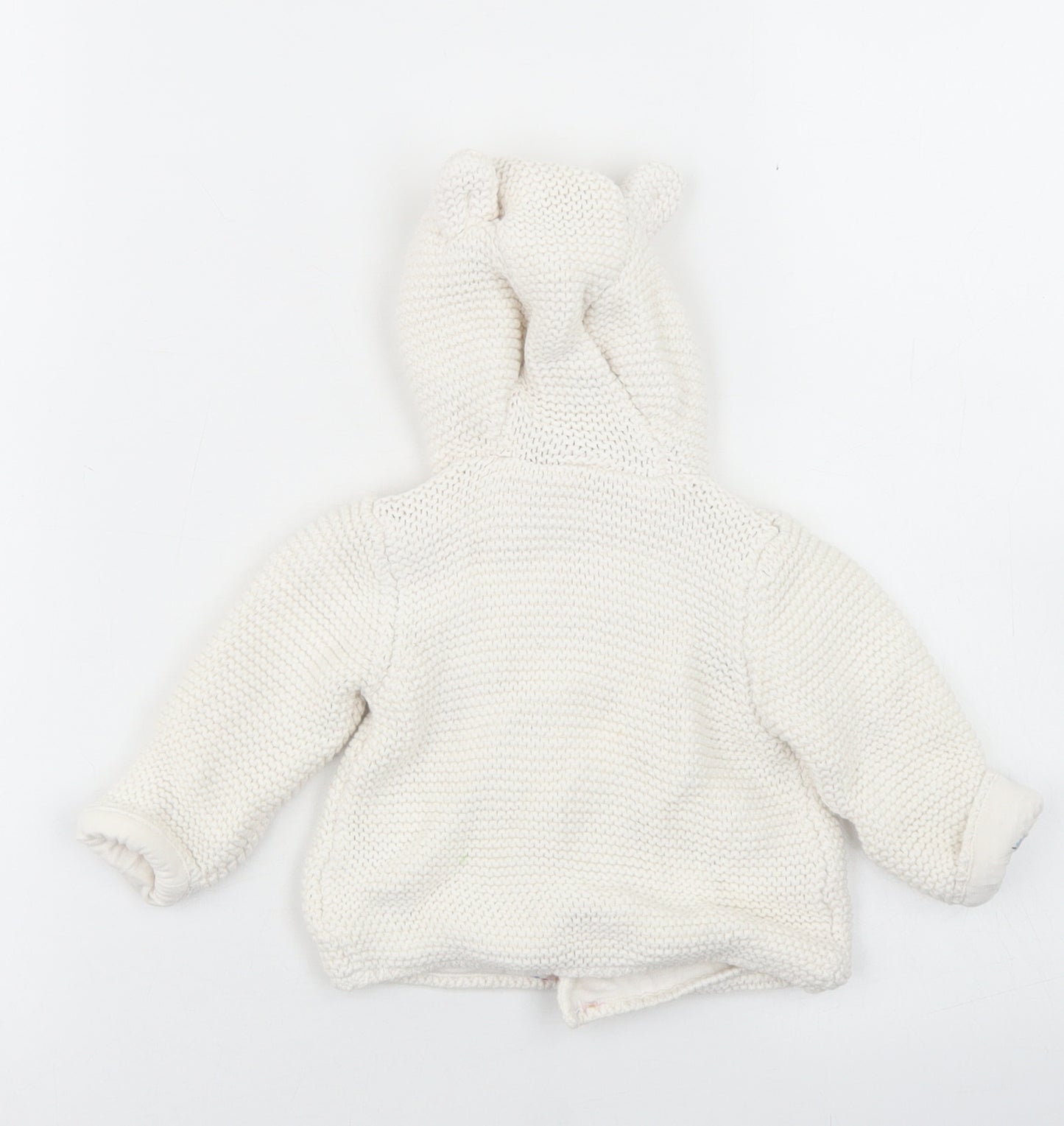 M&S Girls White  Cotton Cardigan Jumper Size 0-3 Months  Button - Bear hood