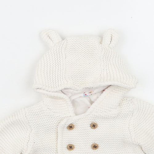 M&S Girls White  Cotton Cardigan Jumper Size 0-3 Months  Button - Bear hood