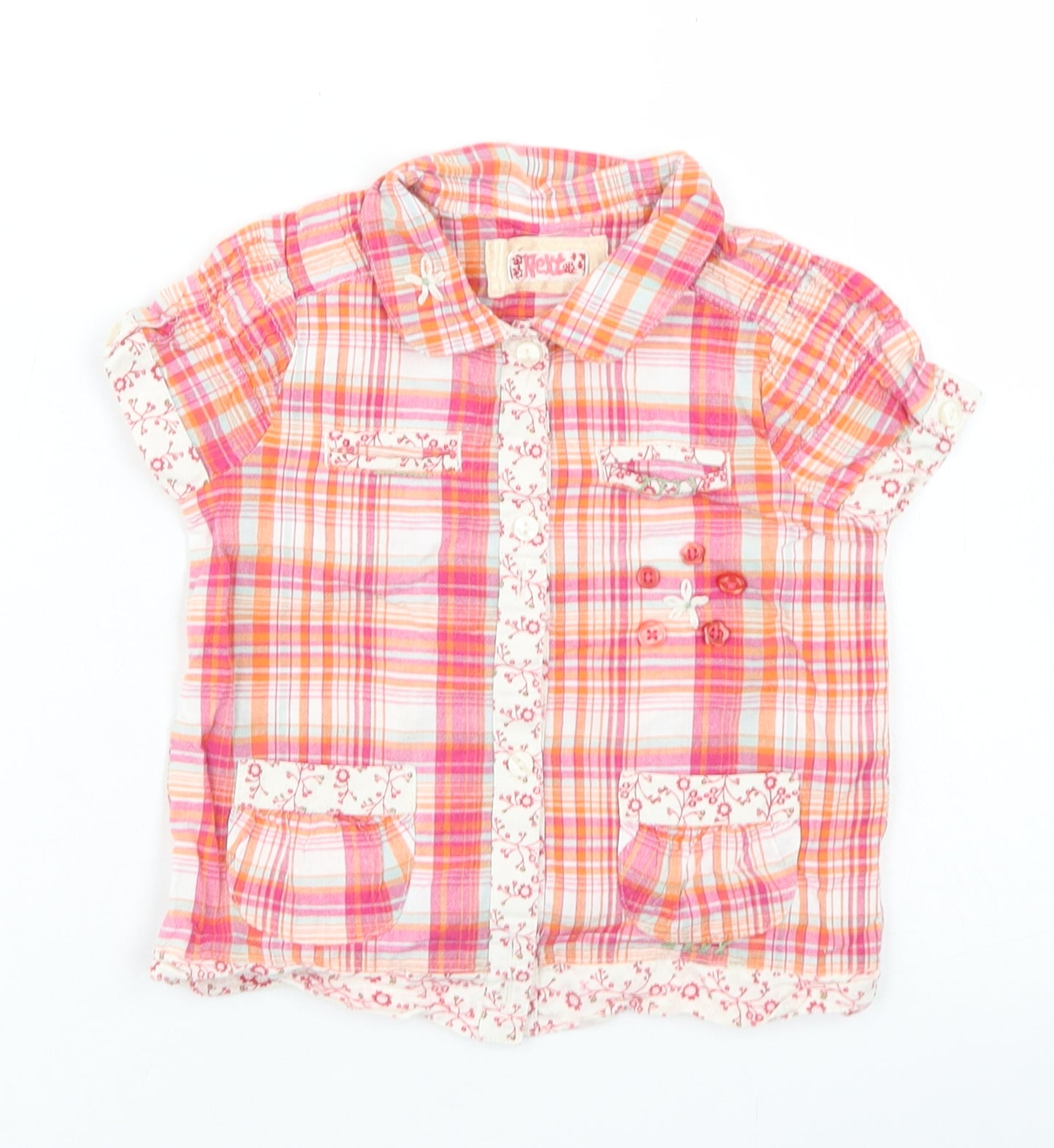 NEXT Girls Pink Plaid Cotton Basic Button-Up Size 9-12 Months Collared Button