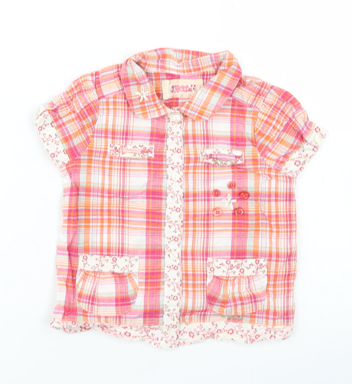 NEXT Girls Pink Plaid Cotton Basic Button-Up Size 9-12 Months Collared Button